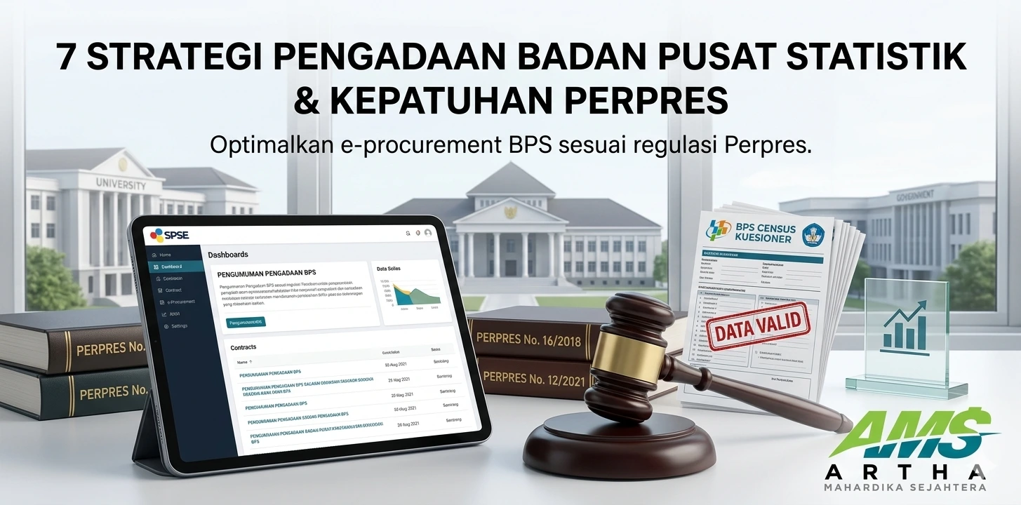 Infografis 7 strategi pengadaan Badan Pusat Statistik (BPS) dan kepatuhan Perpres pada sistem e-procurement SPSE.