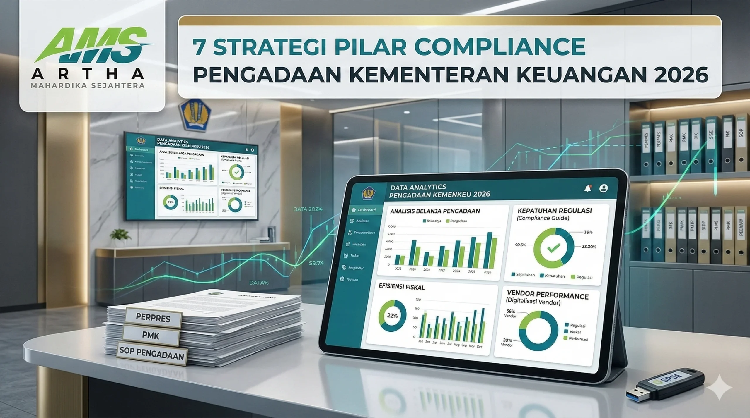 Dashboard data analytics Artha Mahardika Sejahtera yang menampilkan 7 strategi pilar compliance pengadaan Kementerian Keuangan 2026.