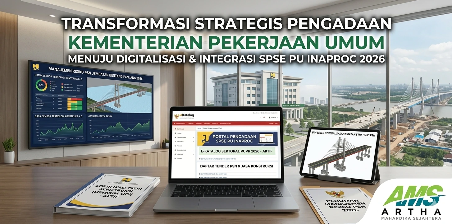 Poster digital Transformasi Strategis Pengadaan Kementerian Pekerjaan Umum menuju digitalisasi dan integrasi SPSE PU INAPROC 2026, menampilkan layar laptop, tablet, dan monitor berisi dashboard manajemen risiko serta portal e-katalog.