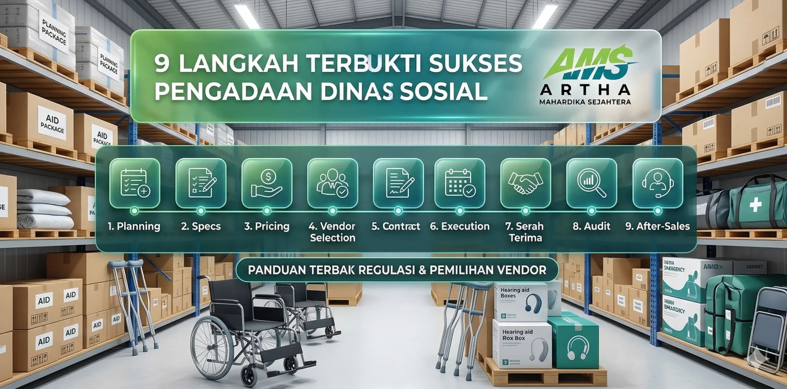 Infografis 9 langkah terbukti sukses pengadaan Dinas Sosial oleh Artha Mahardika Sejahtera, menampilkan latar belakang gudang logistik berisi kursi roda, alat bantu dengar, dan paket bantuan sosial dengan urutan tahapan dari perencanaan hingga layanan purna jual