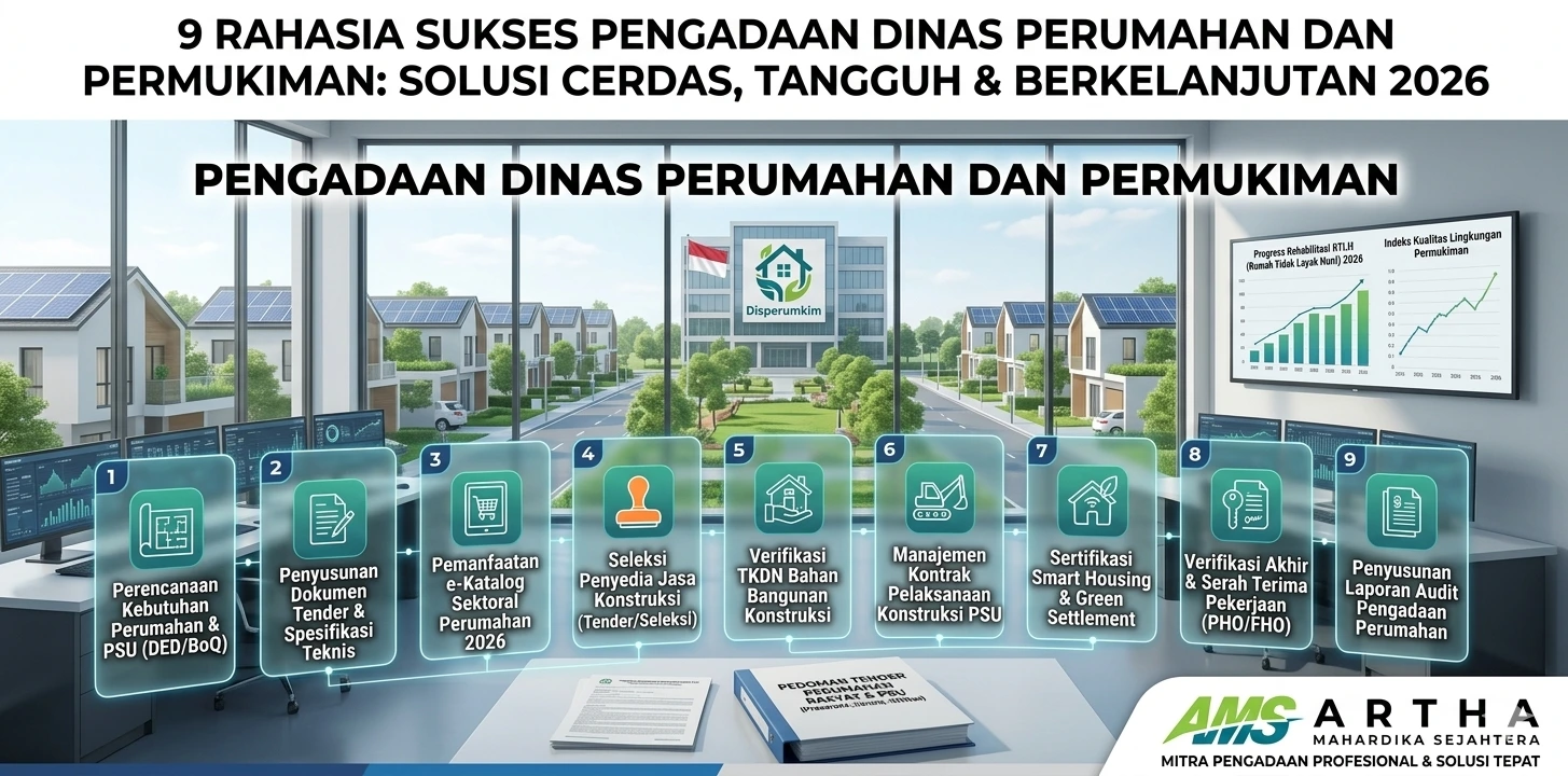 Infografis 9 Rahasia Sukses Pengadaan Dinas Perumahan dan Permukiman 2026 oleh Artha Mahardika Sejahtera (AMS), mencakup perencanaan kebutuhan PSU (DED/BoQ), pemanfaatan e-Katalog Sektoral, verifikasi TKDN bahan bangunan konstruksi, hingga sertifikasi Smart Housing & Green Settlement.
