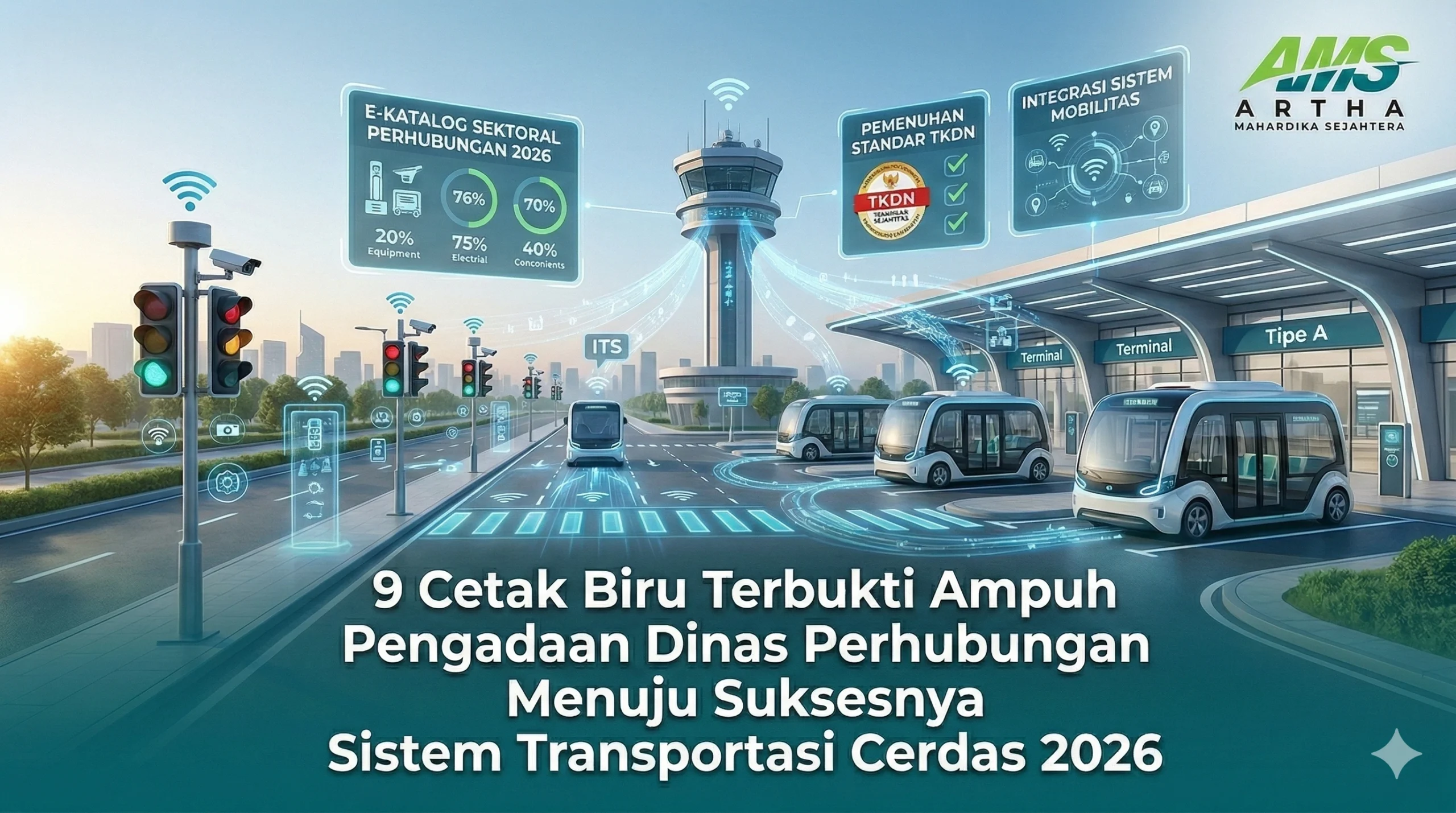 Infografis 9 Cetak Biru Pengadaan Dinas Perhubungan menuju Sistem Transportasi Cerdas 2026 oleh Artha Mahardika Sejahtera (AMS), menampilkan integrasi E-Katalog Sektoral Perhubungan, standar TKDN, dan sistem mobilitas transportasi pintar di terminal tipe A.