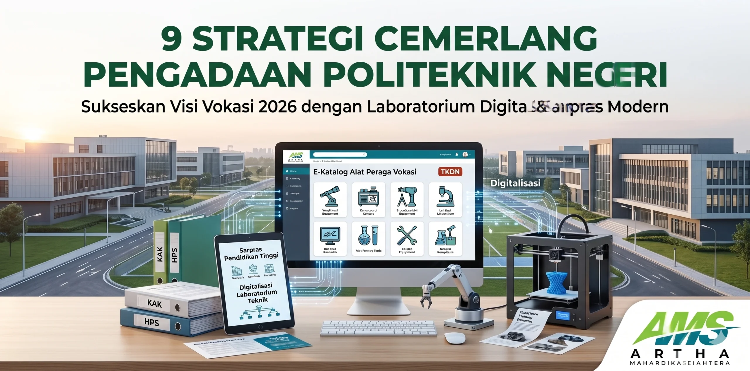 Infografis 9 Strategi Cemerlang Pengadaan Politeknik Negeri oleh Artha Mahardika Sejahtera (AMS) untuk Visi Vokasi 2026, menampilkan digitalisasi laboratorium teknik, e-katalog alat peraga vokasi dengan standar TKDN, printer 3D, dan manajemen sarpras pendidikan tinggi.