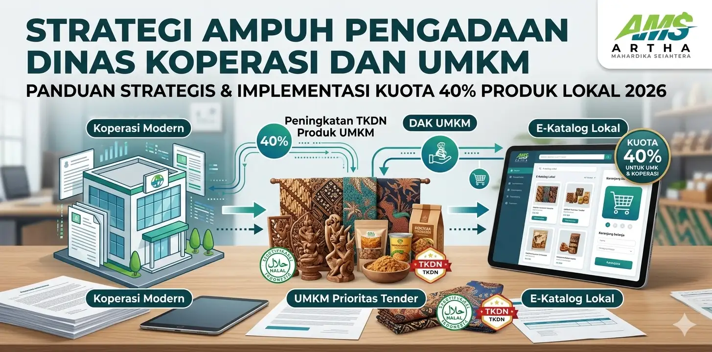 Infografis Strategi Ampuh Pengadaan Dinas Koperasi dan UMKM oleh Artha Mahardika Sejahtera (AMS) untuk implementasi kuota 40% produk lokal 2026, menampilkan sistem Koperasi Modern, peningkatan TKDN produk UMKM, pemanfaatan DAK UMKM, dan optimalisasi E-Katalog Lokal.