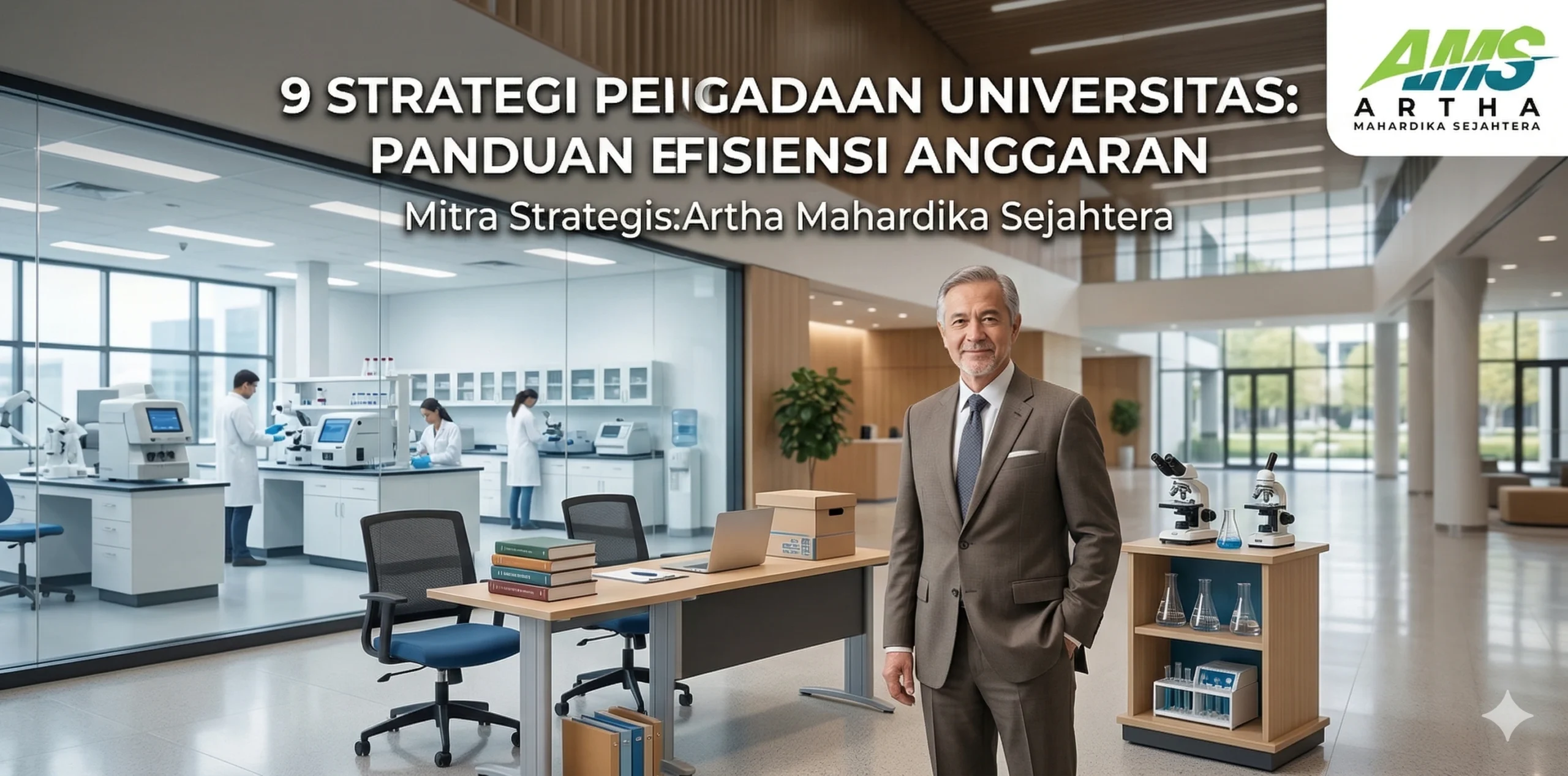 Seorang pria profesional berdiri di laboratorium modern universitas sebagai ilustrasi strategi pengadaan universitas untuk efisiensi anggaran.
