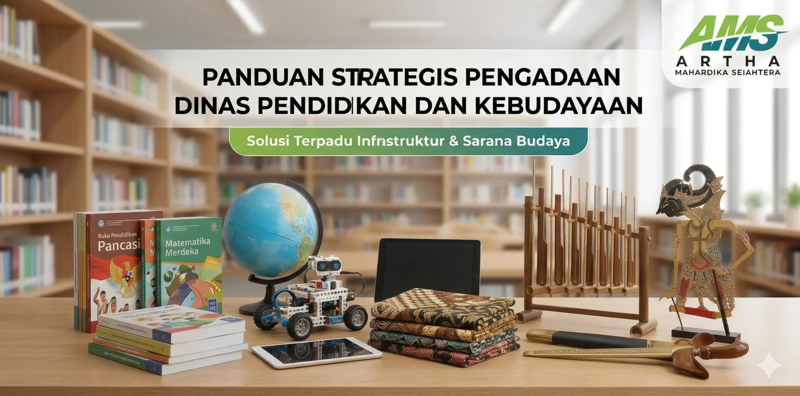 Panduan Strategis Pengadaan Dinas Pendidikan dan Kebudayaan oleh Artha Mahardika Sejahtera (AMS) untuk solusi infrastruktur pendidikan, menampilkan buku kurikulum merdeka, robotika STEM, alat musik tradisional angklung, dan wayang kulit sebagai sarana budaya.