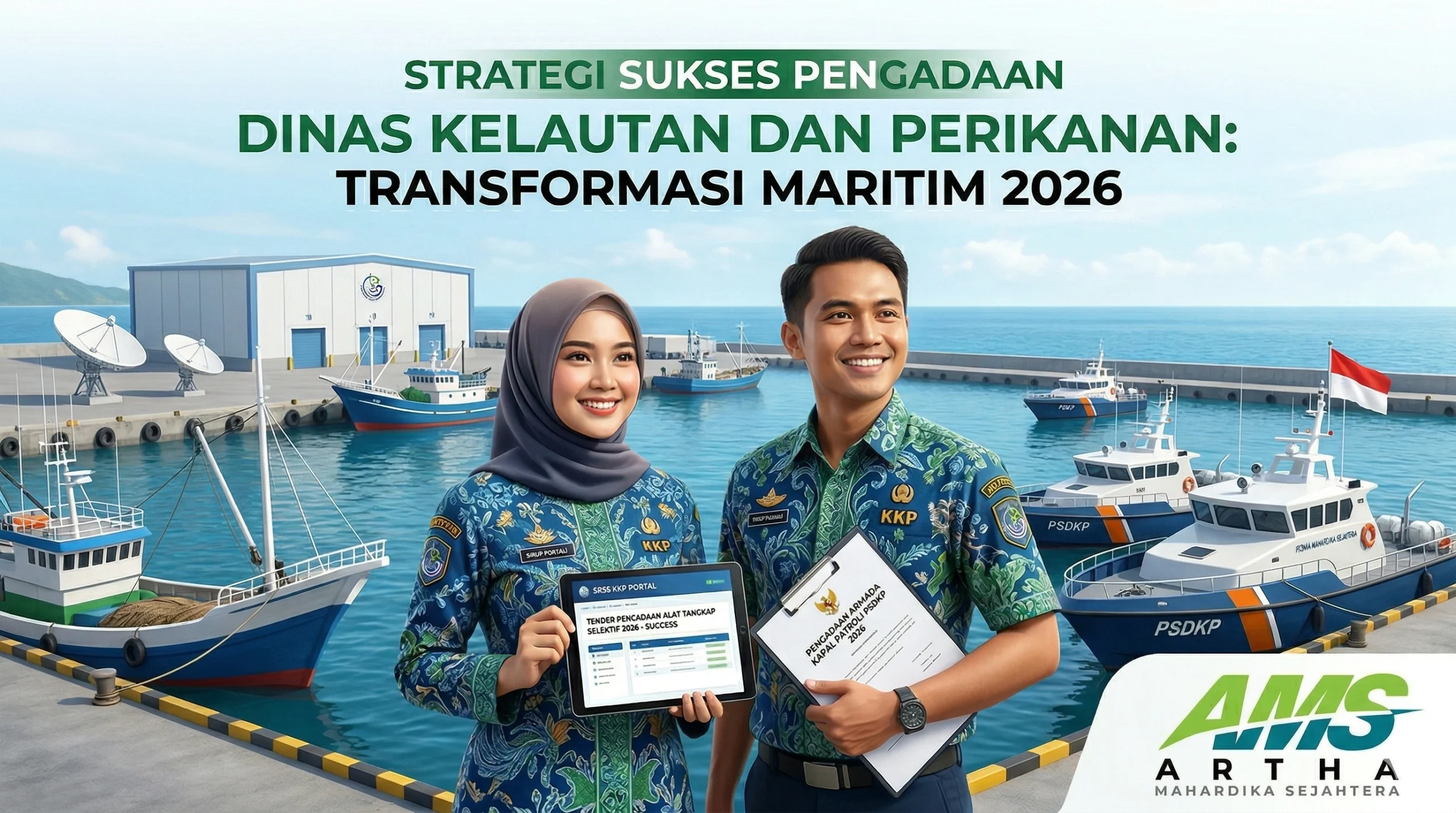Gambar digital "Strategi Sukses Pengadaan Dinas Kelautan dan Perikanan: Transformasi Maritim 2026". Menampilkan dua representasi staf KKP yang tersenyum di depan dermaga dengan kapal penangkap ikan dan kapal patroli PSDKP. Terdapat logo Artha Mahardika Sejahtera berwarna hijau dan biru di bagian bawah. Suasana gambar cerah dengan nuansa modern dan profesional.