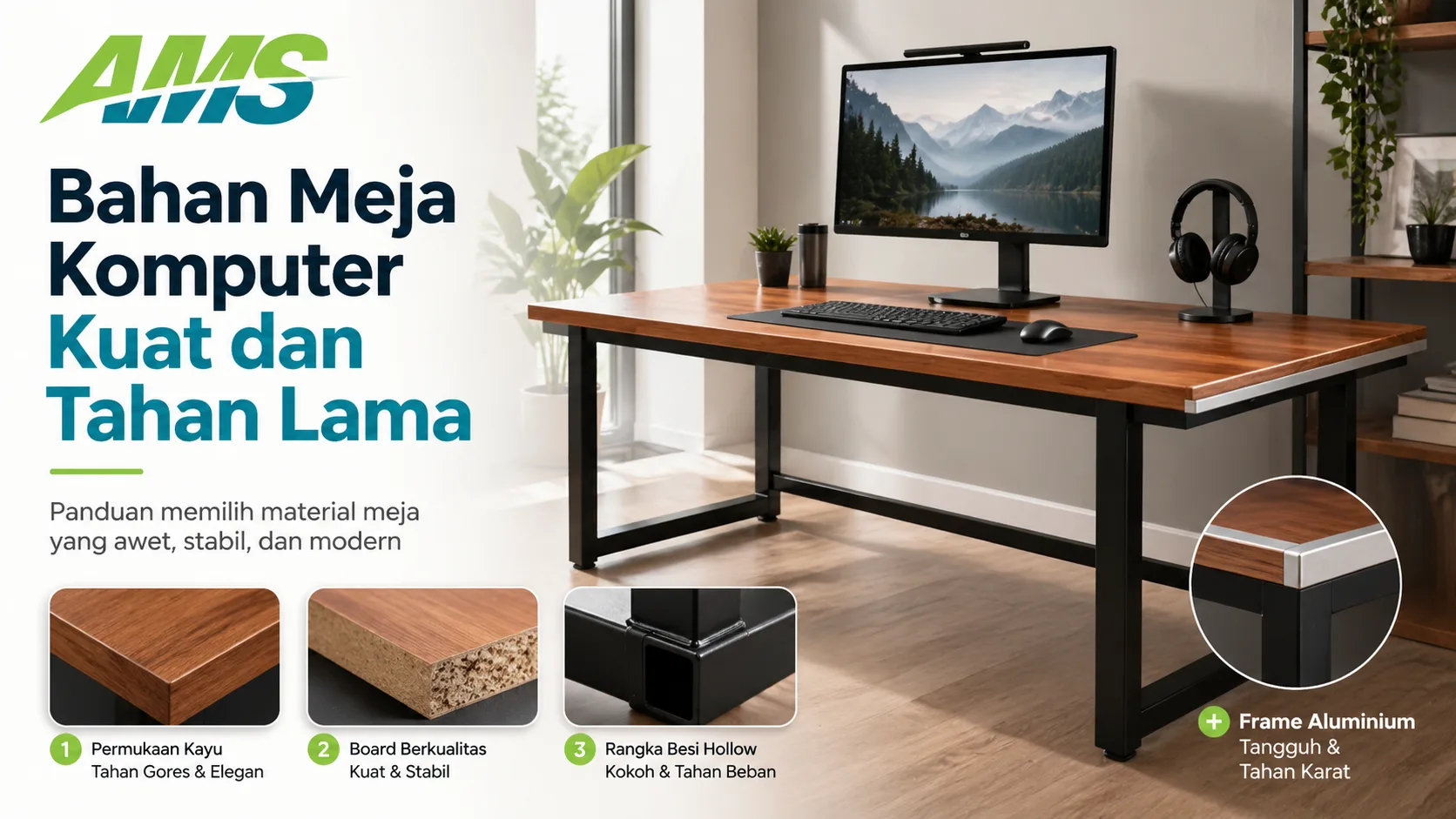 Bahan meja komputer kuat dan tahan lama dengan rangka besi hollow dan frame aluminium