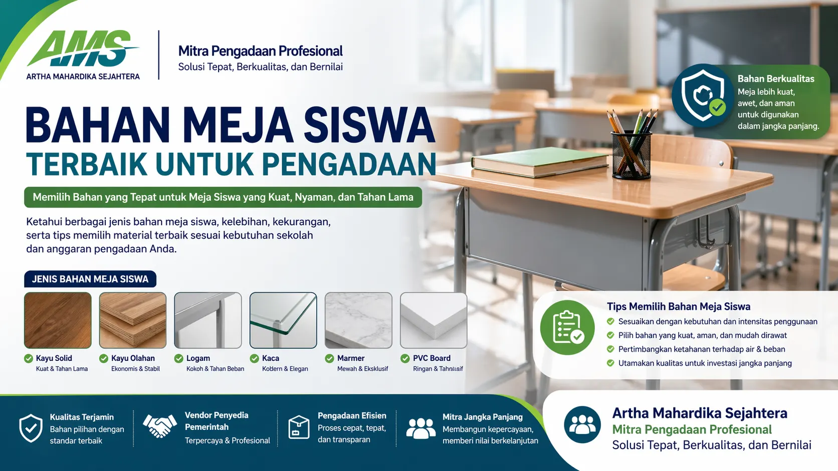 Bahan meja siswa terbaik untuk pengadaan sekolah yang kuat, tahan lama, dan sesuai kebutuhan instansi pendidikan