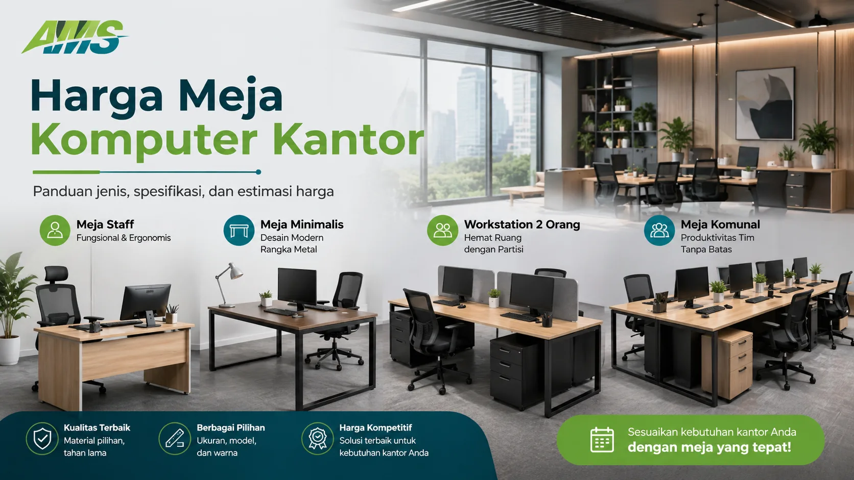 Harga meja komputer kantor terbaru untuk meja staf, workstation, dan meja komunal