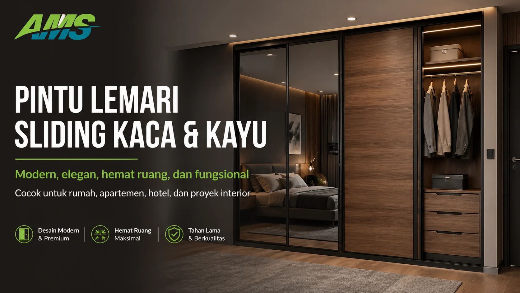 Pintu lemari sliding kaca & kayu modern untuk ruang lebih rapi dan elegan