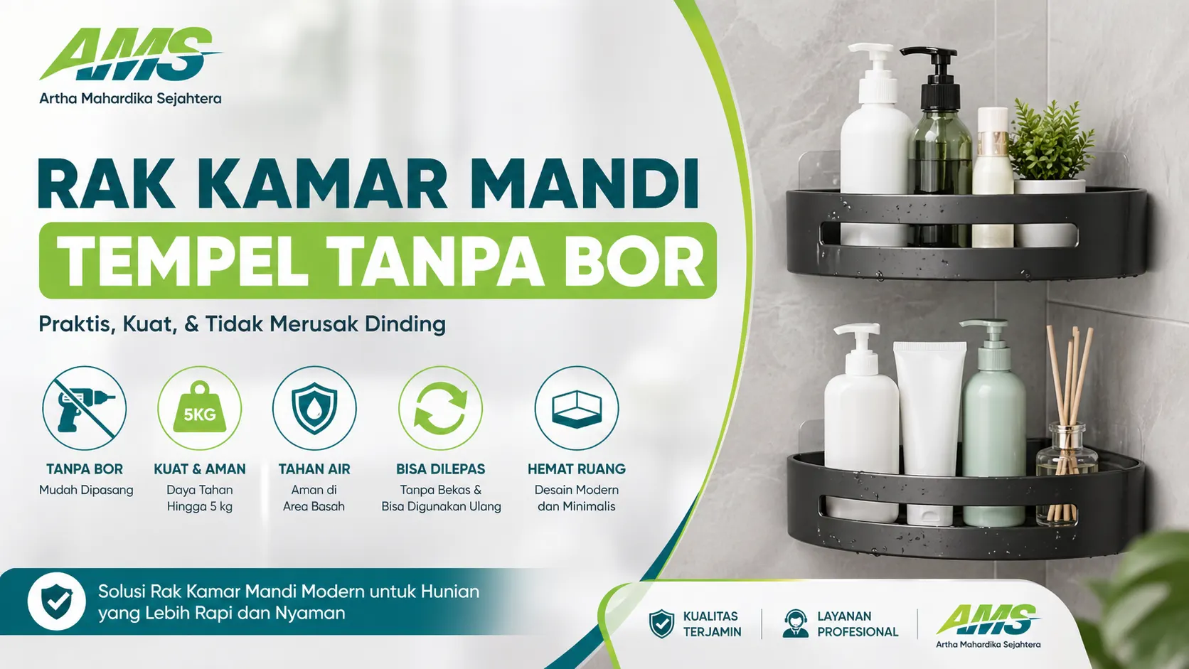 beli rak kamar mandi tempel tanpa bor desain modern kuat dan tahan air untuk dinding keramik