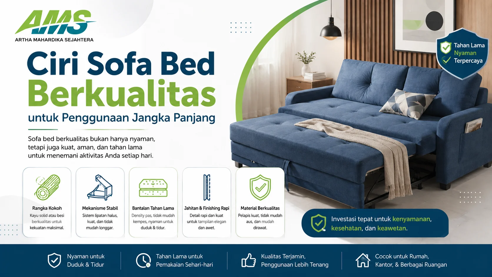Sofa bed berkualitas berwarna biru dengan desain modern di ruang interior elegan, menampilkan fitur rangka kokoh, bantalan tahan lama, dan material premium untuk penggunaan jangka panjang.