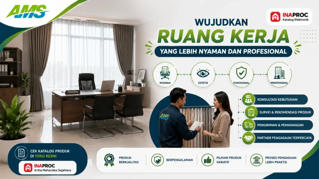 Banner ruang kerja modern dengan gorden minimalis, layanan konsultasi, survei, pemasangan, dan pengadaan gorden melalui INAPROC.