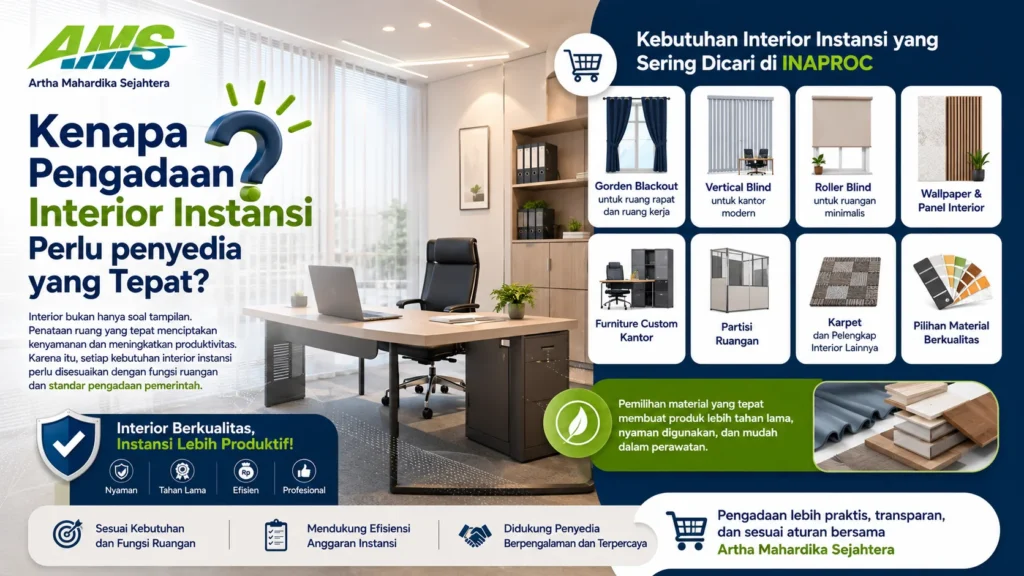 Banner interior instansi modern dengan ikon gorden, blinds, partisi, furniture kantor, dan material berkualitas.