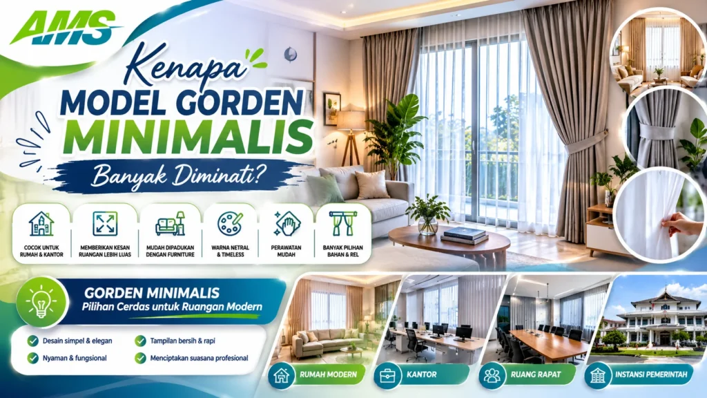 Ruang modern dengan gorden minimalis warna netral yang memberikan kesan elegan, rapi, dan nyaman untuk rumah maupun kantor.
