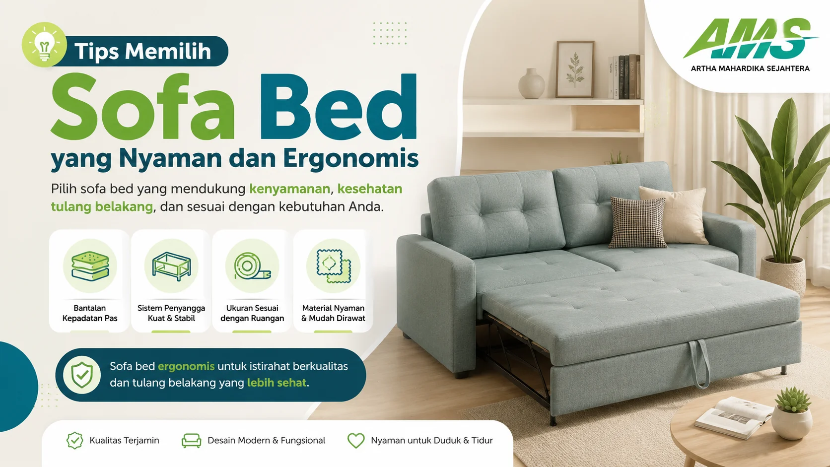 Sofa bed ergonomis modern di ruang tamu minimalis dengan informasi tips memilih bantalan, sistem penyangga, ukuran, dan material yang nyaman untuk mendukung kesehatan tulang belakang.