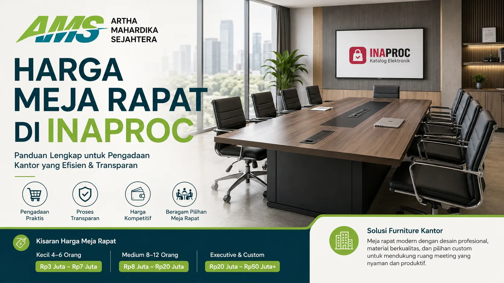 Banner promosi harga meja rapat di INAPROC dari Artha Mahardika Sejahtera (AMS) menampilkan ruang meeting modern dengan meja rapat executive berbahan kayu, kursi kantor premium, serta informasi kisaran harga meja rapat mulai Rp3 juta hingga Rp50 juta untuk kebutuhan pengadaan furniture kantor pemerintah dan perusahaan melalui e-katalog INAPROC.