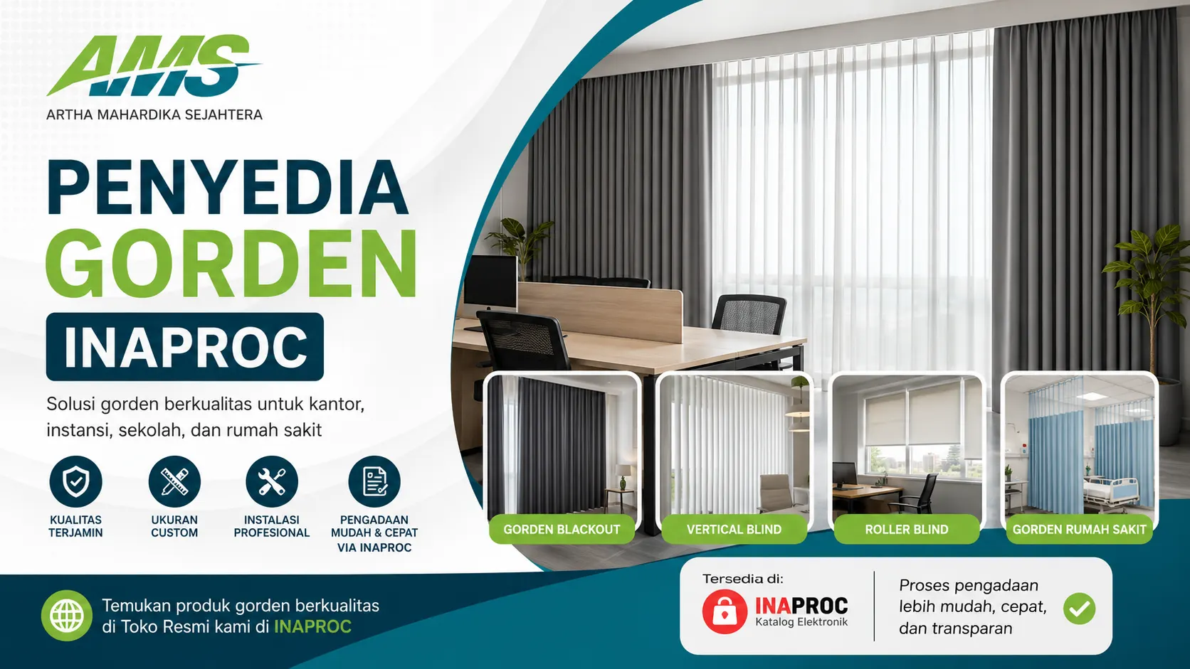 Ilustrasi Penyedia Gorden INAPROC Artha Mahardika Sejahtera untuk kebutuhan kantor, instansi, sekolah, dan rumah sakit