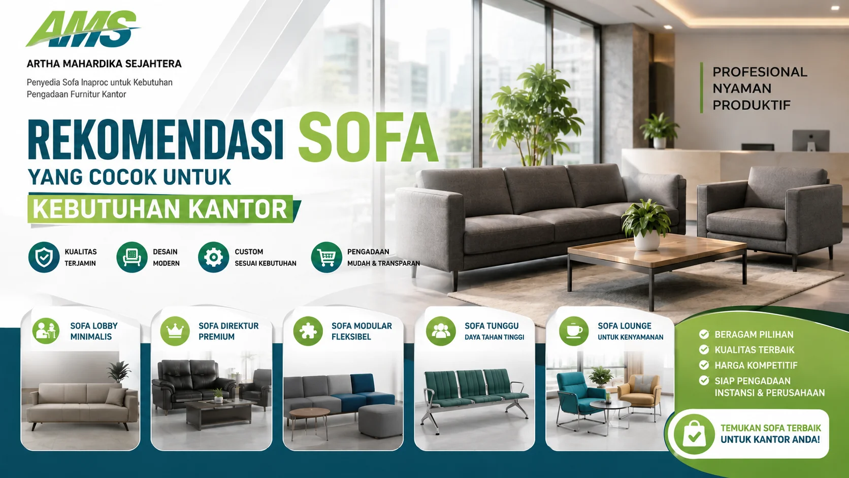 Banner rekomendasi sofa kantor modern dengan berbagai pilihan sofa lobby, sofa direktur, sofa modular, sofa tunggu, dan sofa lounge untuk kebutuhan pengadaan furnitur kantor melalui INAPROC.