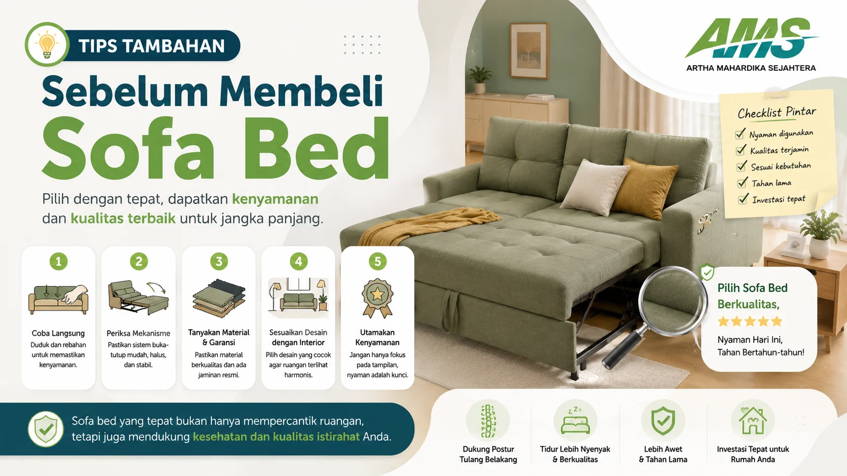 Banner sofa bed modern berwarna hijau di ruang tamu minimalis dengan ilustrasi checklist tips sebelum membeli sofa bed, menyoroti kenyamanan, kualitas material, dan daya tahan produk.