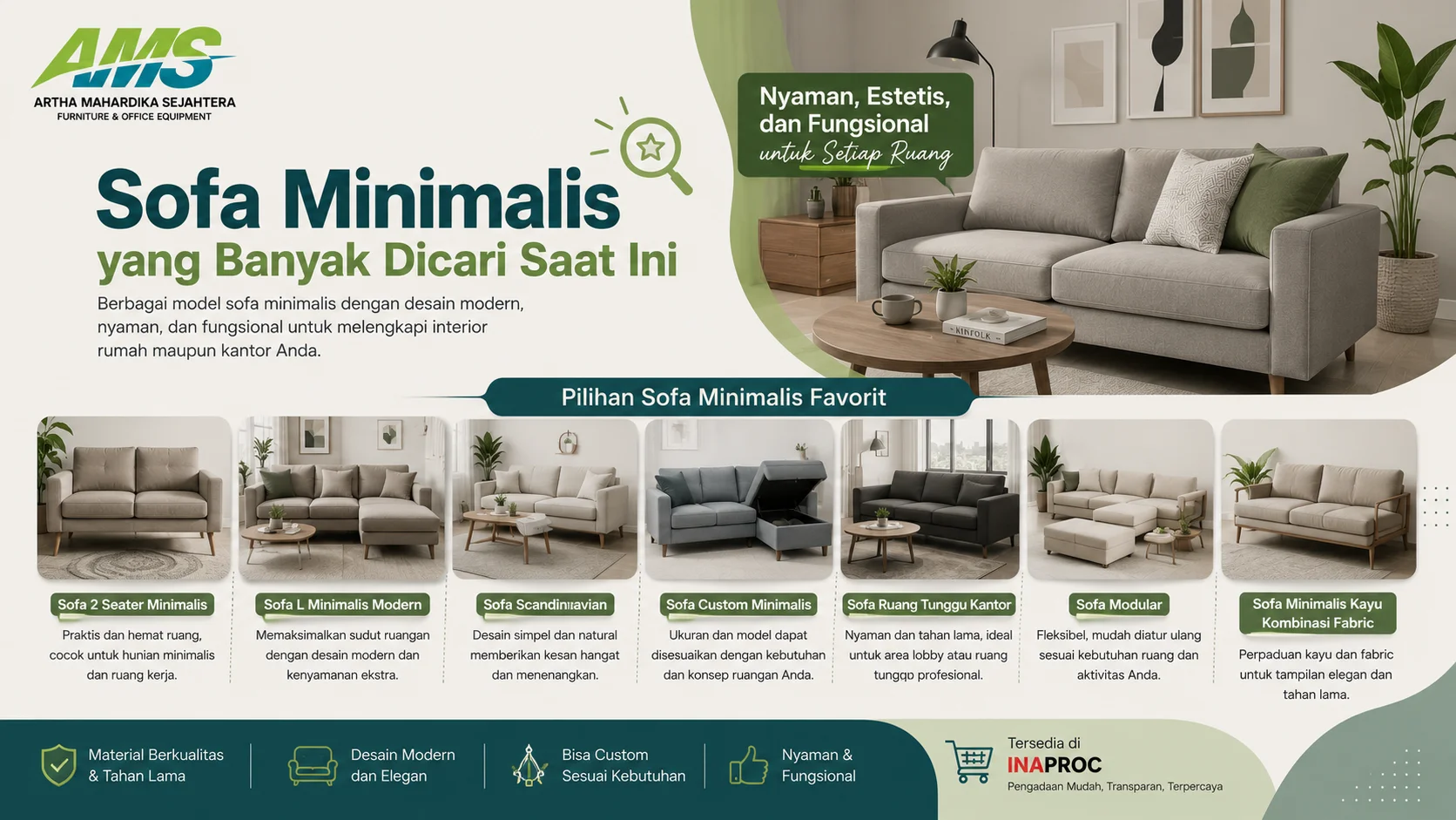 Banner sofa minimalis populer dengan berbagai model seperti sofa 2 seater, sofa L minimalis, sofa Scandinavian, sofa modular, dan sofa ruang tunggu yang cocok untuk rumah maupun kantor modern.