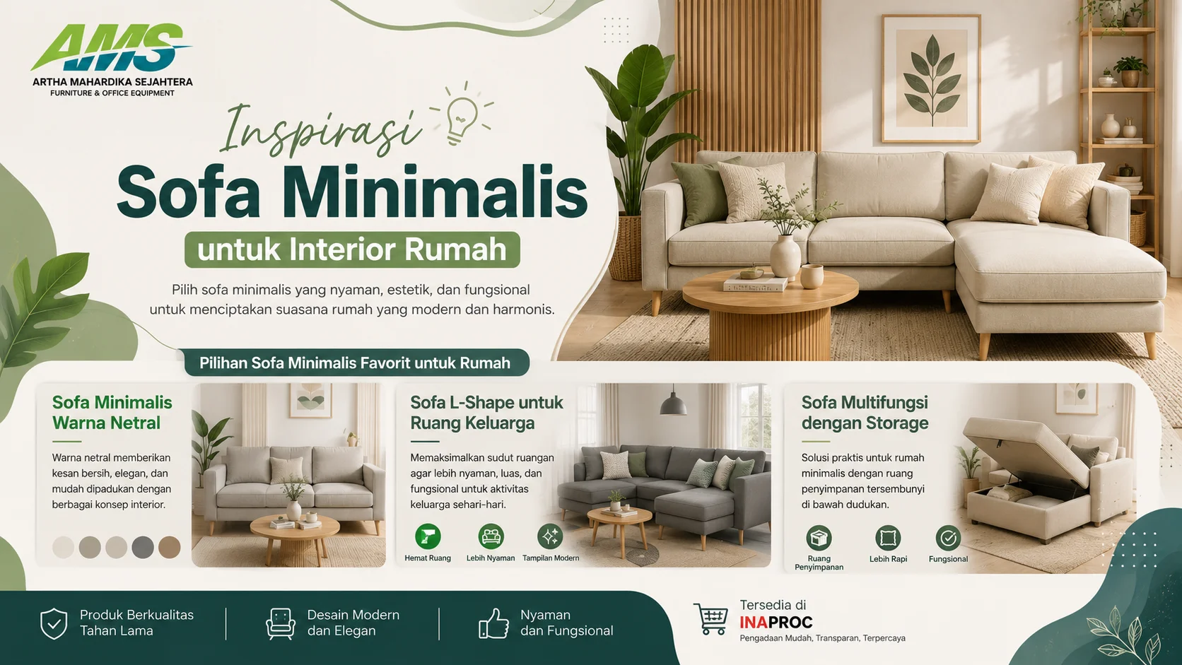 Banner inspirasi sofa minimalis untuk interior rumah dengan pilihan sofa warna netral, sofa L-shape ruang keluarga, dan sofa multifungsi dengan storage dalam desain ruang modern yang nyaman dan elegan.
