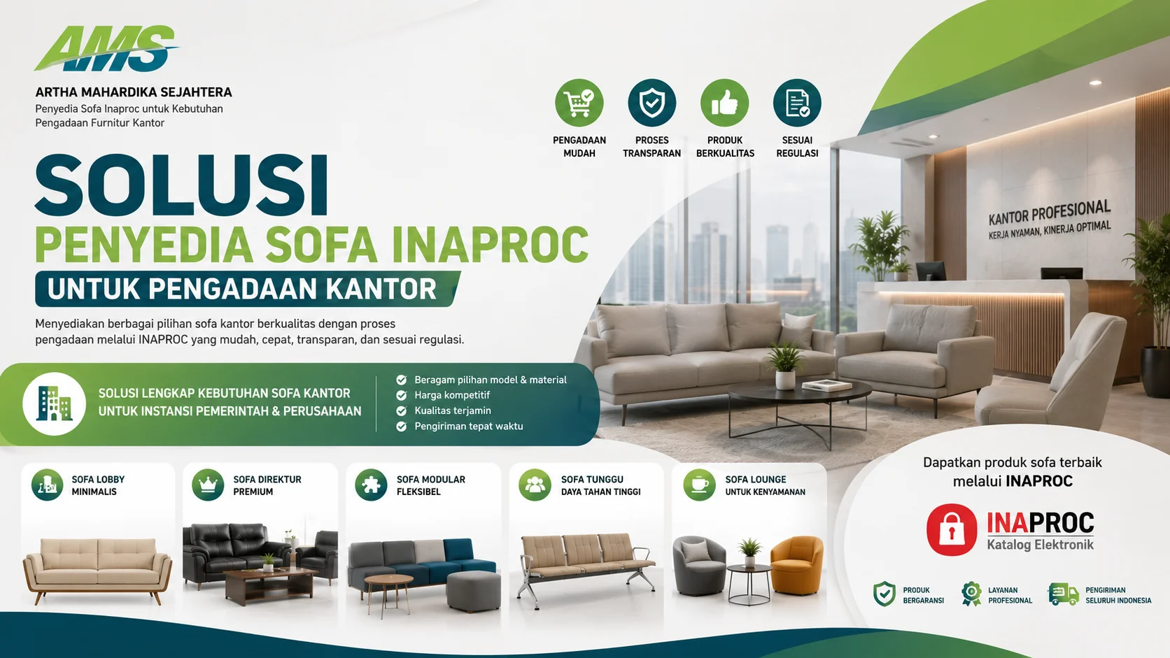 Banner solusi penyedia sofa INAPROC dengan tampilan ruang kantor modern, menampilkan berbagai pilihan sofa kantor untuk mendukung pengadaan furnitur yang profesional dan efisien.