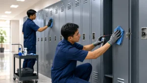 Ilustrasi perawatan locker besi agar tetap awet, bersih, dan tidak mudah berkarat