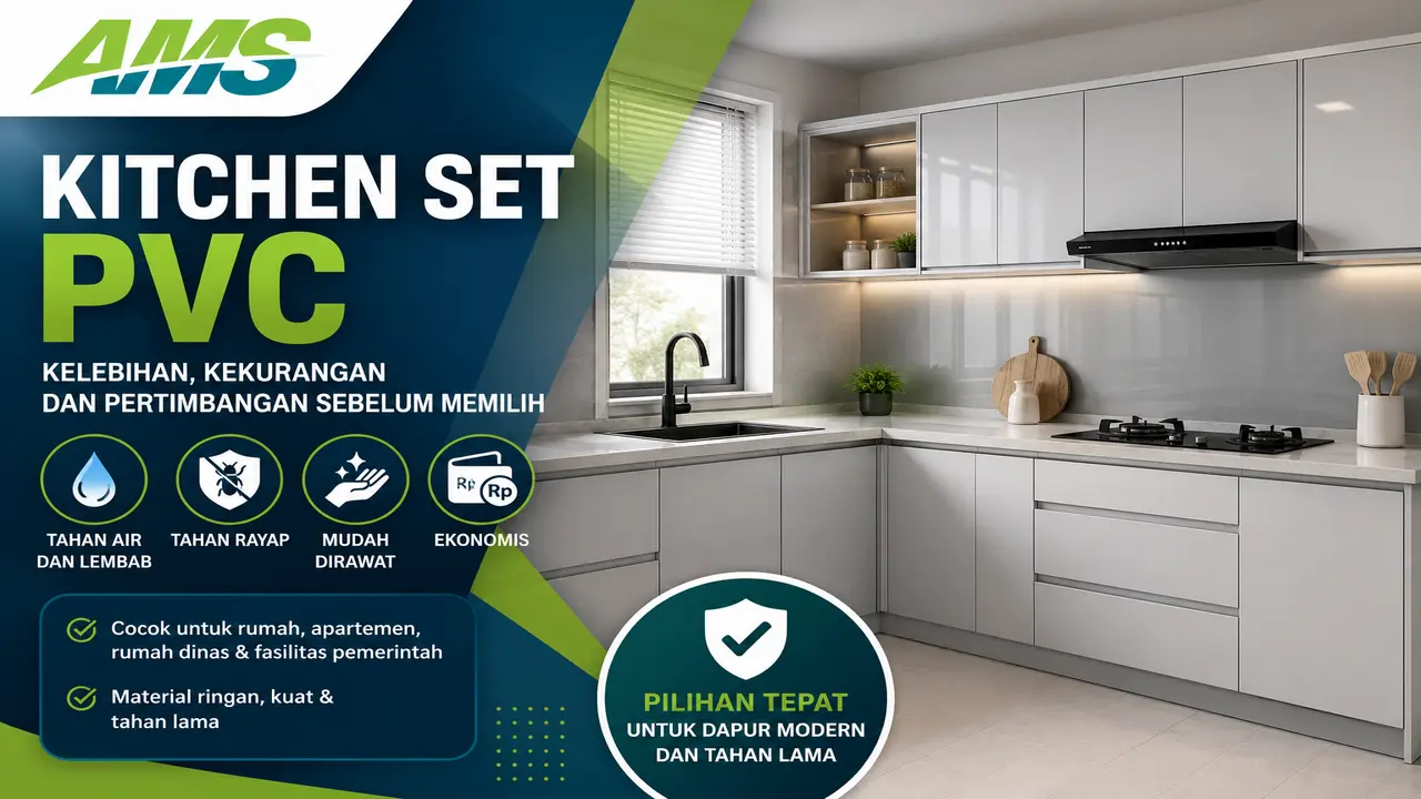 Kitchen set PVC modern tahan air dan tahan rayap dengan desain minimalis untuk rumah, apartemen, rumah dinas, dan fasilitas pemerintah.