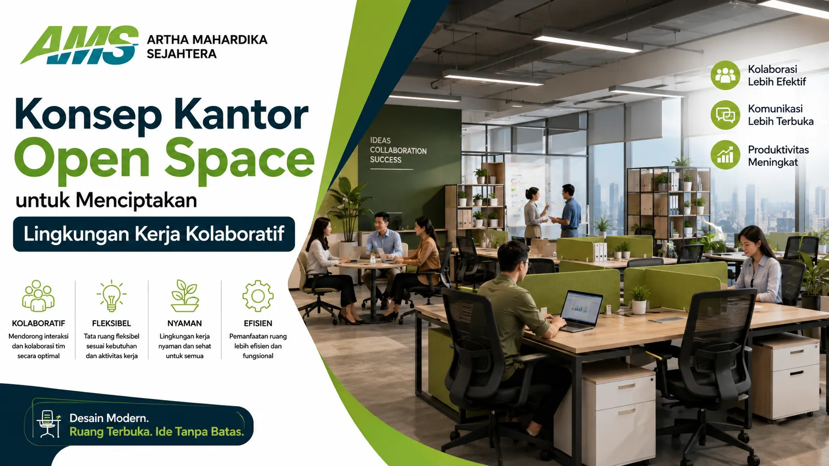 Spanduk promosi PT Artha Mahardika Sejahtera (AMS) bertuliskan "Konsep Kantor Open Space untuk Menciptakan Lingkungan Kerja Kolaboratif". Visual utama memperlihatkan aktivitas karyawan di ruang kantor terbuka dengan meja kerja bersekat hijau pendek dan area diskusi melingkar. Bagian bawah memuat 4 pilar utama: Kolaboratif, Fleksibel, Nyaman, dan Efisien. Sisi kanan atas menyoroti 3 manfaat: Kolaborasi Lebih Efektif, Komunikasi Lebih Terbuka, dan Produktivitas Meningkat. Pojok kiri bawah dilengkapi slogan "Desain Modern. Ruang Terbuka. Ide Tanpa Batas."