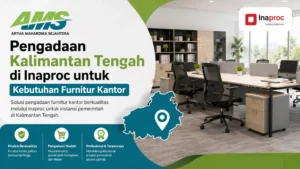 Spanduk promosi PT Artha Mahardika Sejahtera (AMS) dan Inaproc Katalog Elektronik bertuliskan "Pengadaan Kalimantan Tengah di Inaproc untuk Kebutuhan Furnitur Kantor". Latar belakang menampilkan ruang kerja kantor terbuka (open-plan office) dengan meja dan kursi komersial, lengkap dengan peta siluet Kalimantan Tengah. Di bagian bawah terdapat tiga poin keunggulan: Produk Berkualitas, Pengadaan Mudah, serta Profesional & Terpercaya.