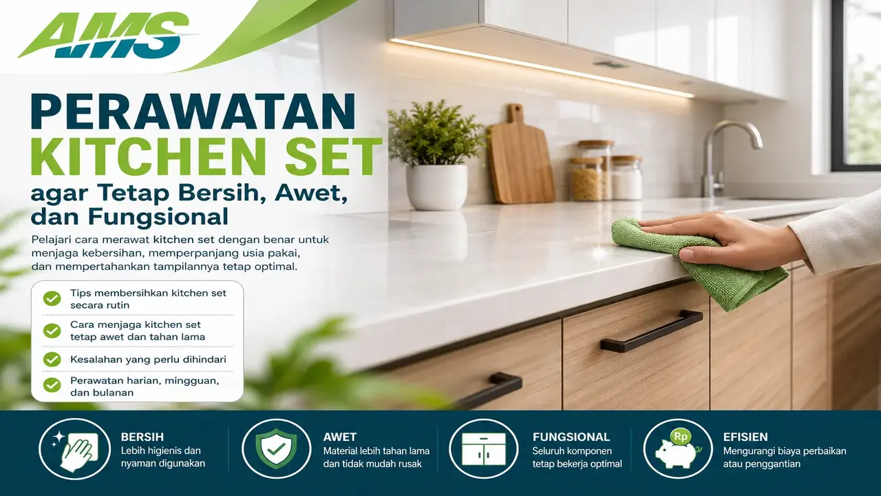 Tips perawatan kitchen set agar tetap bersih, tahan lama, dan nyaman digunakan pada dapur rumah maupun fasilitas hunian.